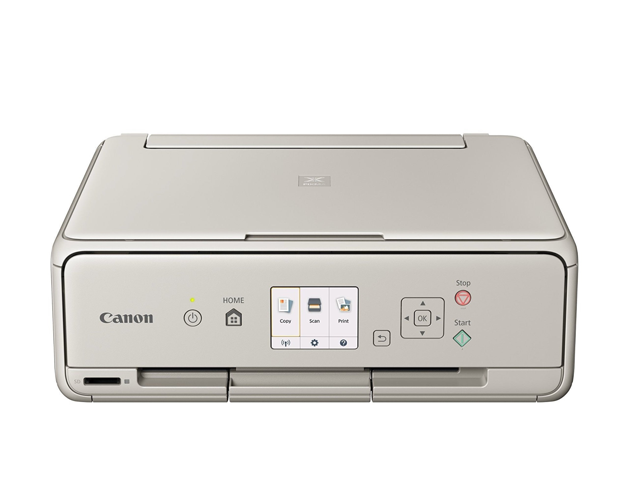 Canon PIXMA TS5053 Tintenstrahldrucker mit WLAN und Duplexdruck, zeigt das Gerät mit Einzelpatronen und modernem Design.