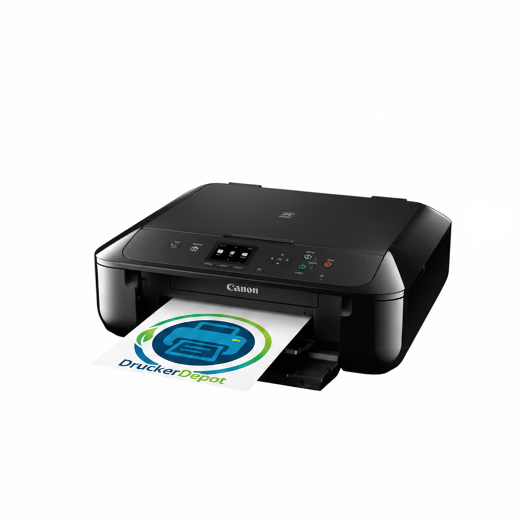 Canon PIXMA MG5750 Tintenstrahldrucker mit WLAN, Duplex und Einzelpatronen, gezeigtes Logo auf Drucker in Nahaufnahme